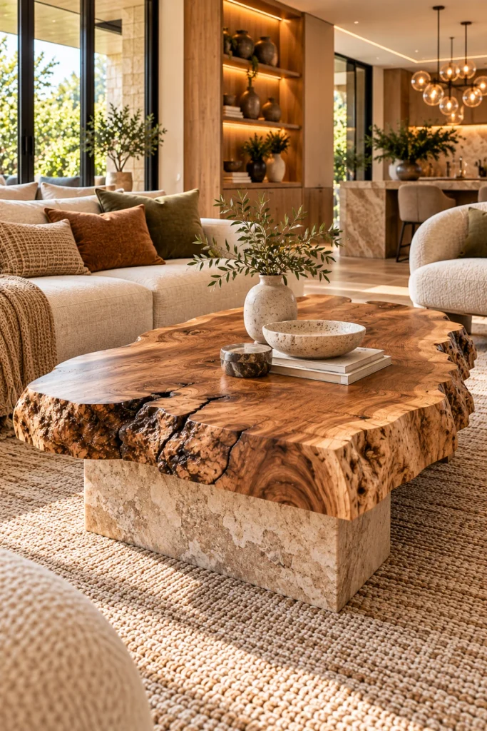 Live-edge wood and stone coffee table combination in an earthy luxury organic modern living room with linen seating, handmade ceramics, textured rug, and warm lighting