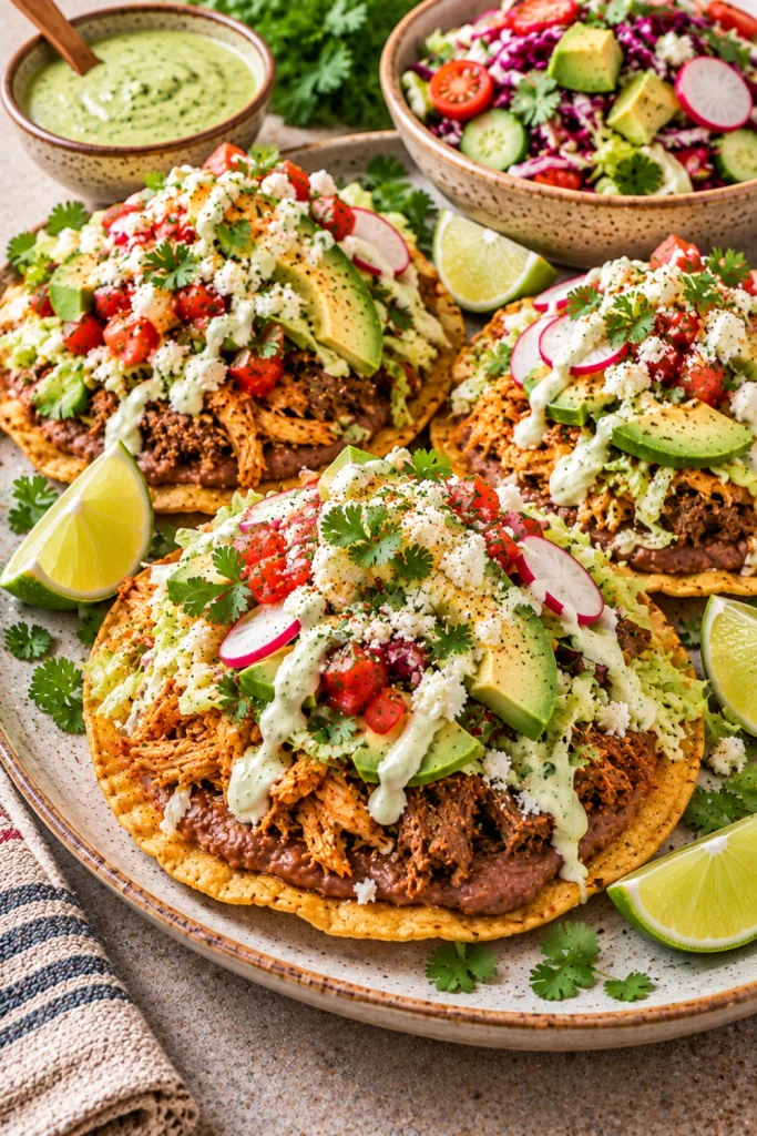 Loaded Mexican street-style tostadas layered with beans, shredded chicken, lettuce, avocado, salsa, cheese, and creamy dressing on crisp tortillas.