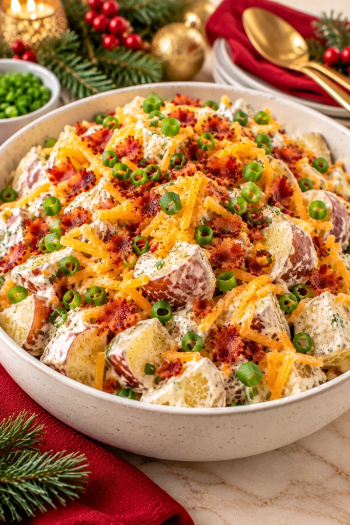 Loaded red potato salad with cheddar cheese, crispy bacon, fresh green onions, and creamy sour cream dressing, served as an easy side dish for Christmas dinner, potlucks, and family gatherings.