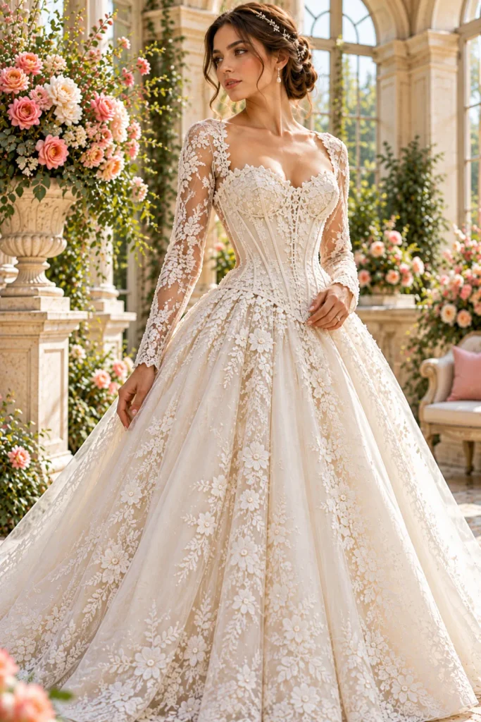 Long-sleeve lace corset wedding gown with an ivory structured bodice, sheer floral lace sleeves, a defined waist, and a flowing vintage-inspired bridal skirt.