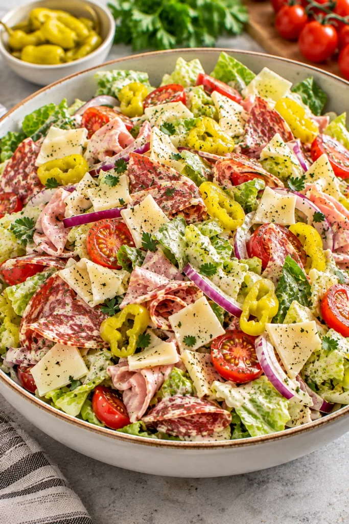 Low-Carb Italian Grinder Chopped Salad With Creamy Italian Dressing featuring crisp iceberg and romaine lettuce, salami, ham, provolone, cherry tomatoes, red onion, pepperoncini, and creamy dressing without bread.