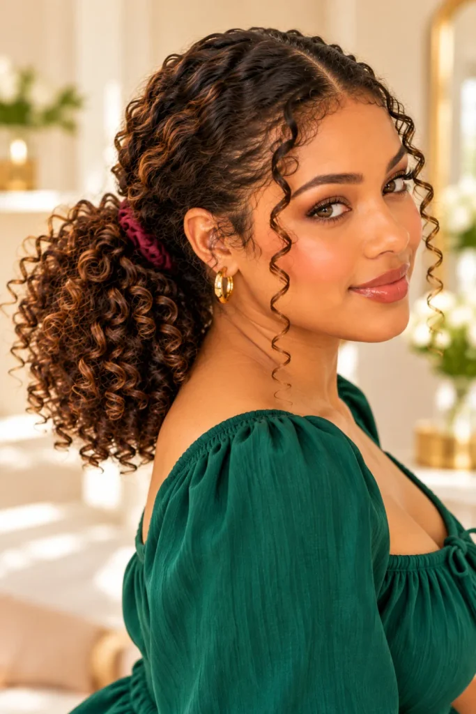 Low curly puff ponytail with neatly styled sides, defined natural curls, and soft face-framing tendrils for an elegant everyday hairstyle.