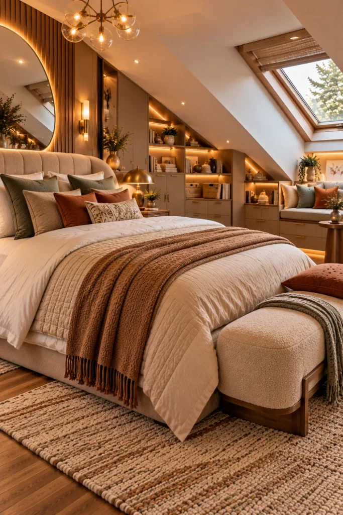 Luxe attic bedroom designed around awkward eaves with custom-built-in storage, a reading nook, an upholstered bed, a textured rug, a mirror, and warm modern lighting.