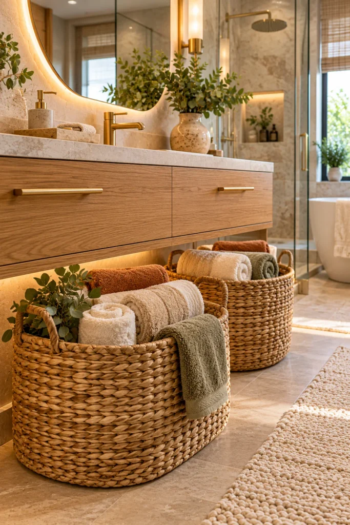 Luxury bathroom towel storage with woven natural-texture baskets holding fluffy white and beige towels beneath a warm wood vanity, complemented by marble finishes and elegant modern lighting.