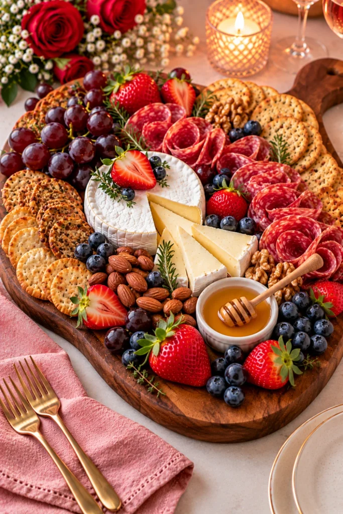 Luxury brie, salami, and berry board with creamy brie cheese, folded salami, fresh strawberries, blueberries, almonds, artisan crackers, and honey for a romantic date night.