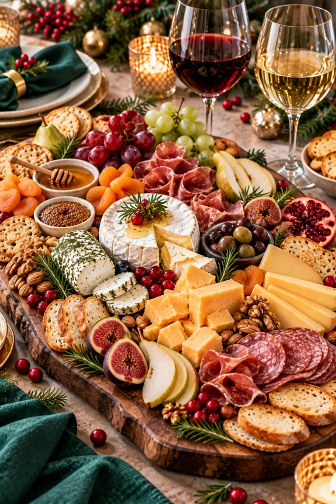 Luxury charcuterie board for wine night featuring Brie, Gouda, cheddar, goat cheese, folded cured meats, grapes, figs, nuts, olives, crackers, honey, and red and white wine with festive holiday accents.