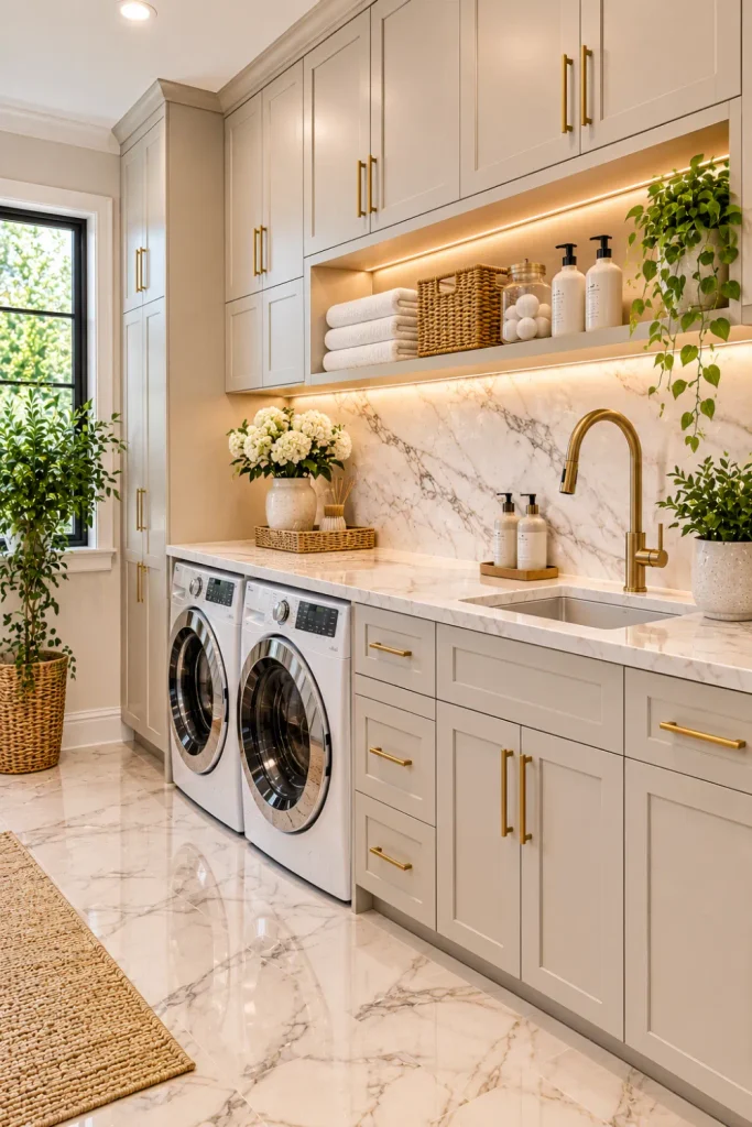 Luxury modern laundry room with elegant marble floor tiles, soft neutral built-in cabinets, brushed-brass handles, white marble backsplash, pale countertop, and contemporary laundry appliances.