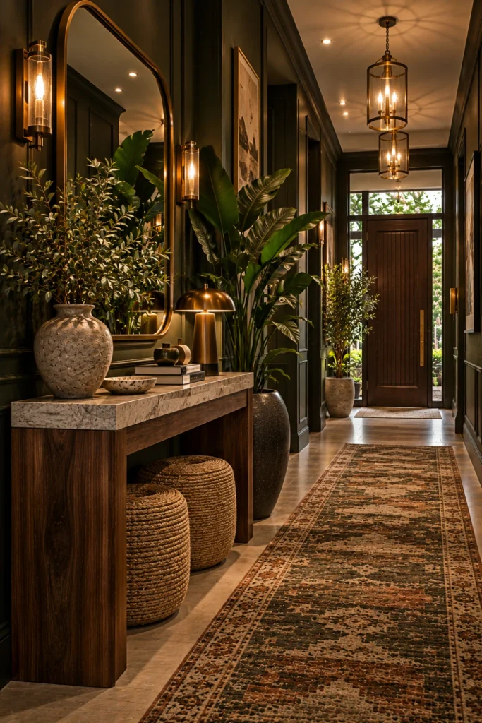 Luxury moody biophilic hallway with deep green walls, large-leaf plants, natural stone, warm wood, woven textures, ceramic planters, soft lighting, and modern entrance decor.