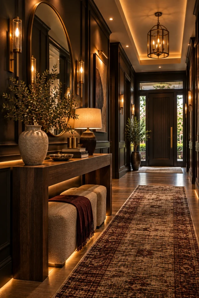 Luxury moody boutique hotel hallway with layered sconces, sculptural pendant, concealed lighting, slim console, oversized mirror, dark walls, and elegant modern decor.