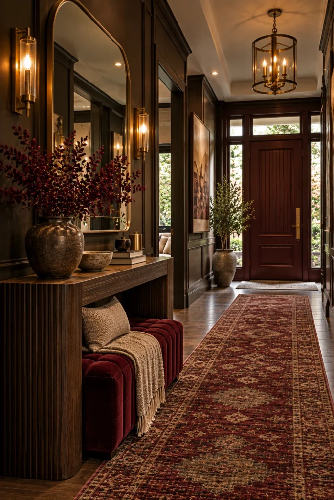 Dramatic luxury hallway with burgundy accents, velvet bench, dark walls, elegant artwork, patterned runner, aged brass lighting, and refined modern entrance styling.