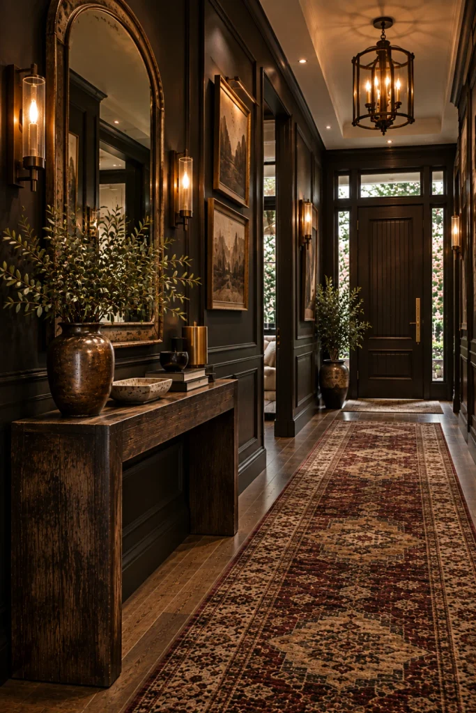 Sophisticated dark moody hallway with patina-inspired decor, aged hardware, worn wood, vintage-style artwork, textured runner, warm sconces, and modern luxury furniture.