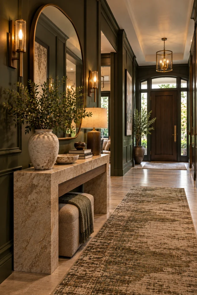 Luxury moody hallway with deep olive walls, natural stone console, warm lighting, oversized mirror, earthy ceramics, refined runner, and organic contemporary decor.