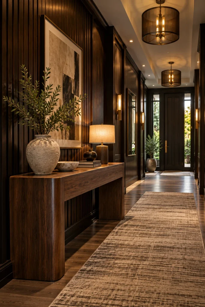 Sophisticated moody hallway featuring full-height espresso wood paneling, walnut console, warm lamps, understated artwork, textured runner, and luxurious contemporary styling.
