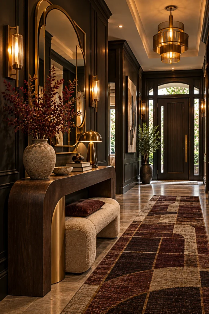 Contemporary luxury Neo Deco hallway with geometric mirror, aged brass fixtures, curved console, sculptural pendant, glossy accents, rich dark walls, and elegant modern decor.