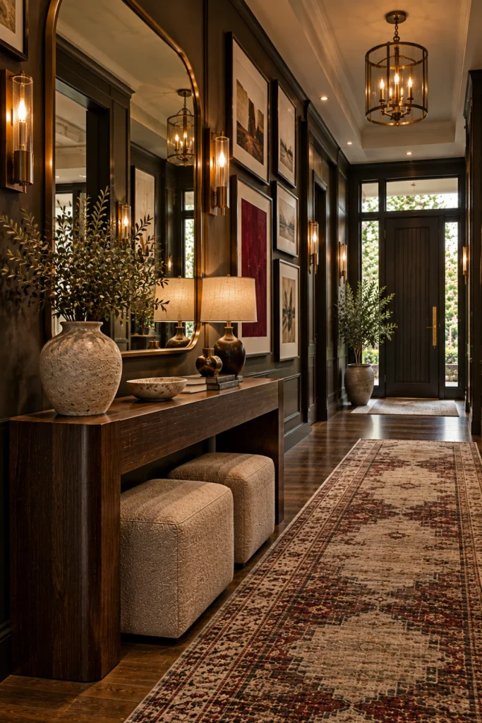 Elegant luxury moody hallway with oversized decorative mirror, curated gallery artwork, slim walnut console, warm brass lighting, textured runner, and modern entrance decor.