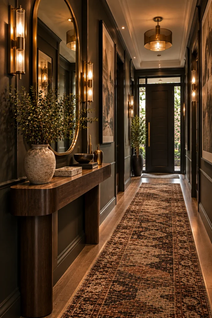 Modern luxury moody narrow hallway featuring a slim console, oversized mirror, wall-mounted sconces, long runner, dark walls, and sophisticated space-saving decor.