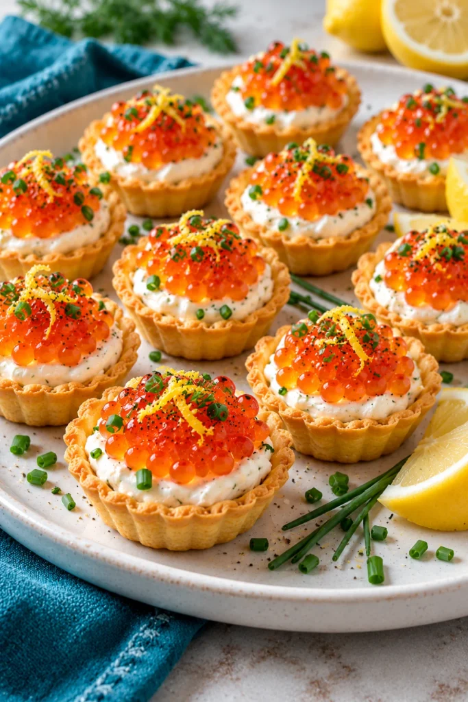 Luxury salmon roe and crème fraîche tartlets in crisp golden pastry shells, garnished with fresh chives and lemon zest on an elegant ivory platter.