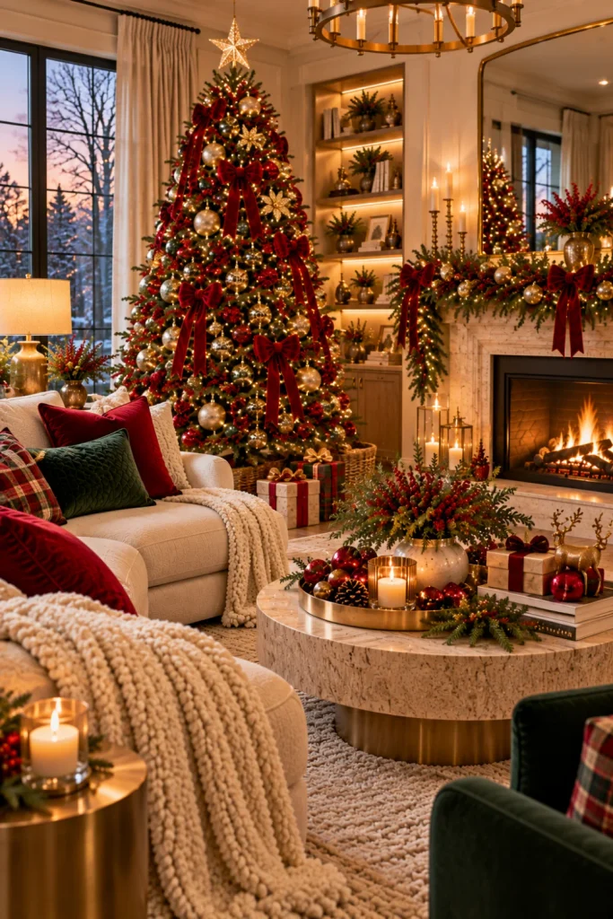 Magical red and gold Christmas living room with a glowing green Christmas tree, lush evergreen garlands, champagne-gold ornaments, warm fairy lights, red velvet cushions, and elegant modern furnishings.