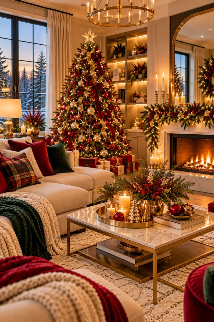 Magical Christmas living room with warm-white tree lights, red and gold ornaments, deep-green garlands, elegant candlelight, a cream sofa, and sophisticated modern decor.