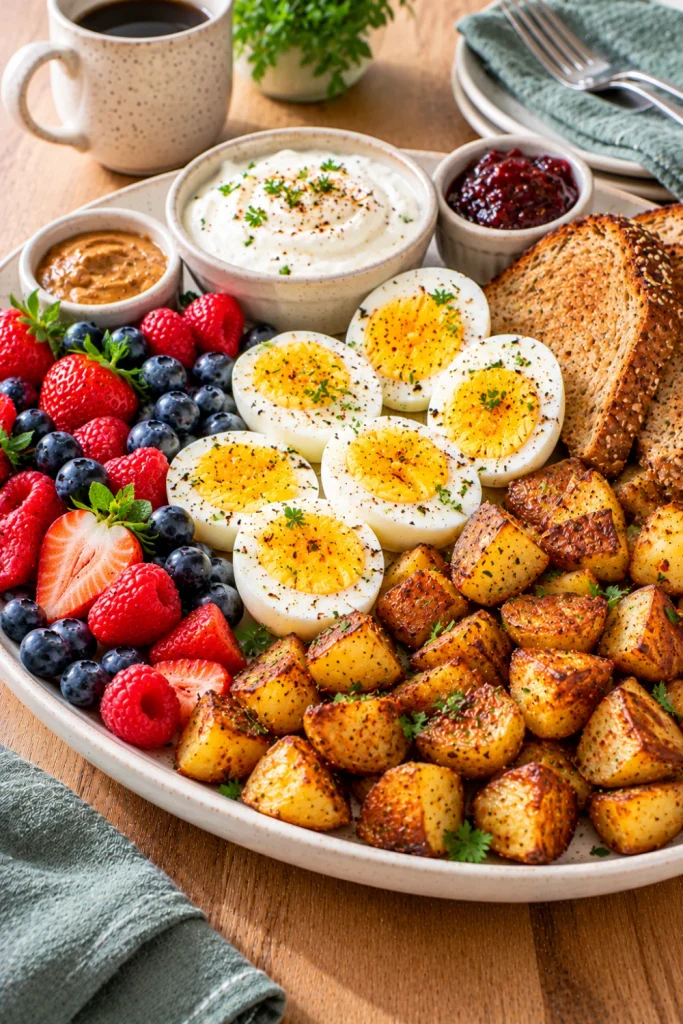 Make-ahead breakfast platter with hard-boiled eggs, crispy roasted potatoes, whole-grain toast, fresh berries, Greek yogurt, nut butter, and jam for easy morning meal prep.