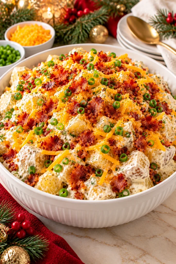 Make-ahead loaded baked potato salad for parties with creamy potatoes, shredded cheddar, crispy bacon, green onions, and a festive Christmas buffet presentation.