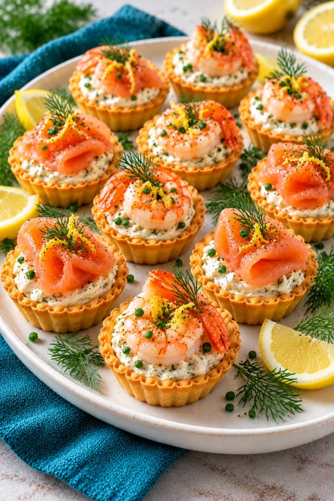 Make-ahead salmon and shrimp tartlets with lemon cream cheese, smoked salmon, cooked shrimp, fresh herbs, and golden pastry shells for easy elegant party entertaining.