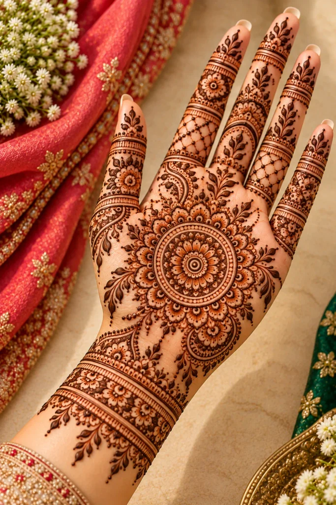 Full-hand mandala mehndi design with a layered circular palm motif, intricate individual finger patterns, tiny floral details, geometric bands, and delicate henna dotwork.