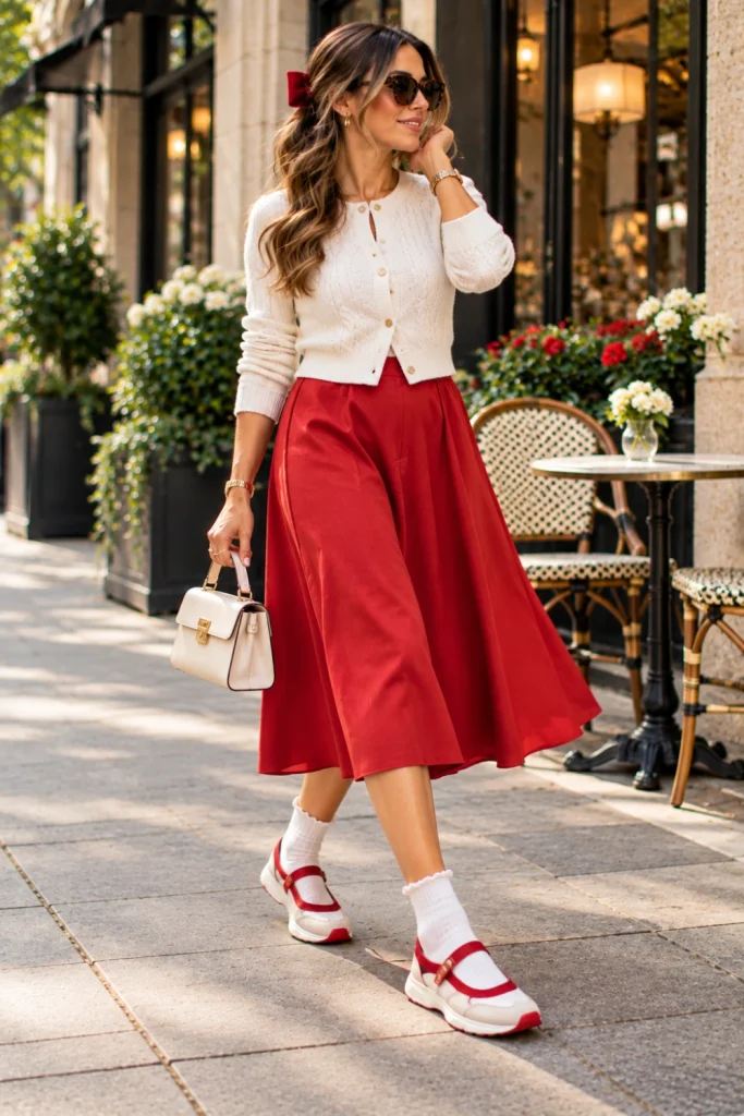 Playful Mary Jane sneakers styled with visible crew socks, an A-line skirt, a fitted cardigan, contemporary handbag, and polished modern hairstyle for a trendy sporty-chic outfit.