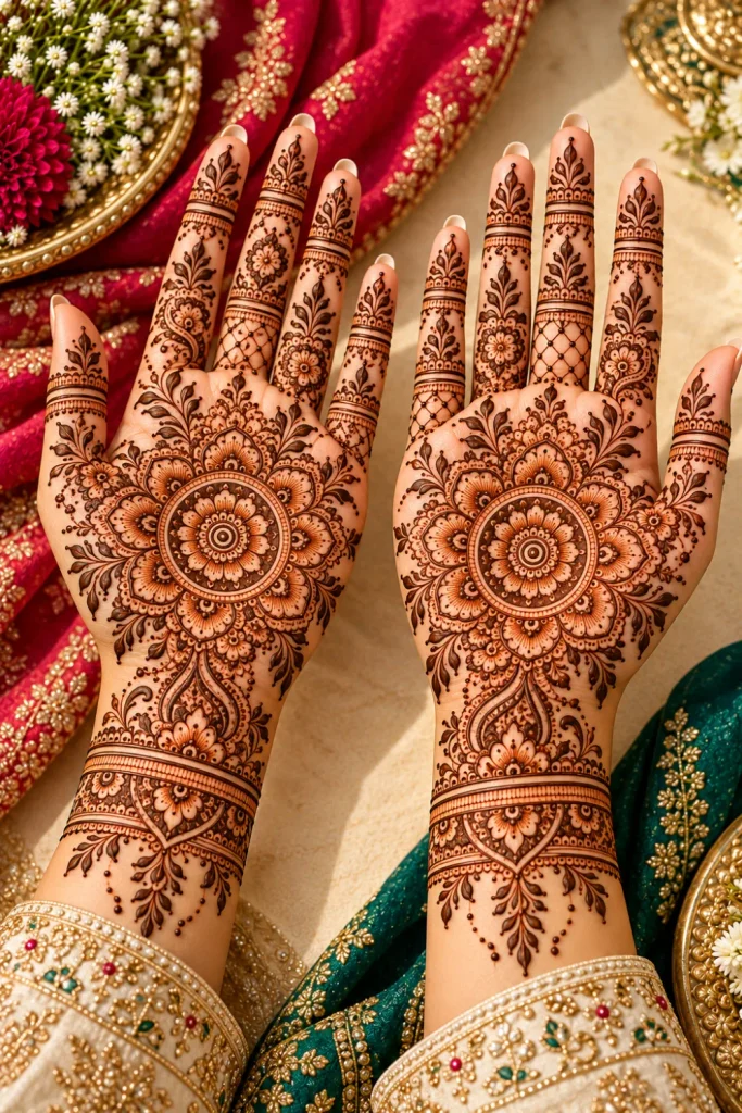 Matching two-hand mandala mehndi designs featuring symmetrical circular palm patterns, coordinated floral trails, intricate finger details, and decorative wrist borders in reddish-brown henna.
