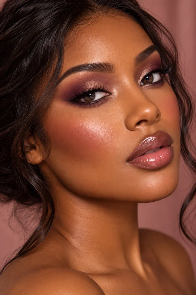 Mauve soft glam makeup for brown skin with rich plum-mauve eyeshadow, warm bronzed cheeks, defined brown lip liner, and glossy rose-brown lips in a close-up beauty portrait.