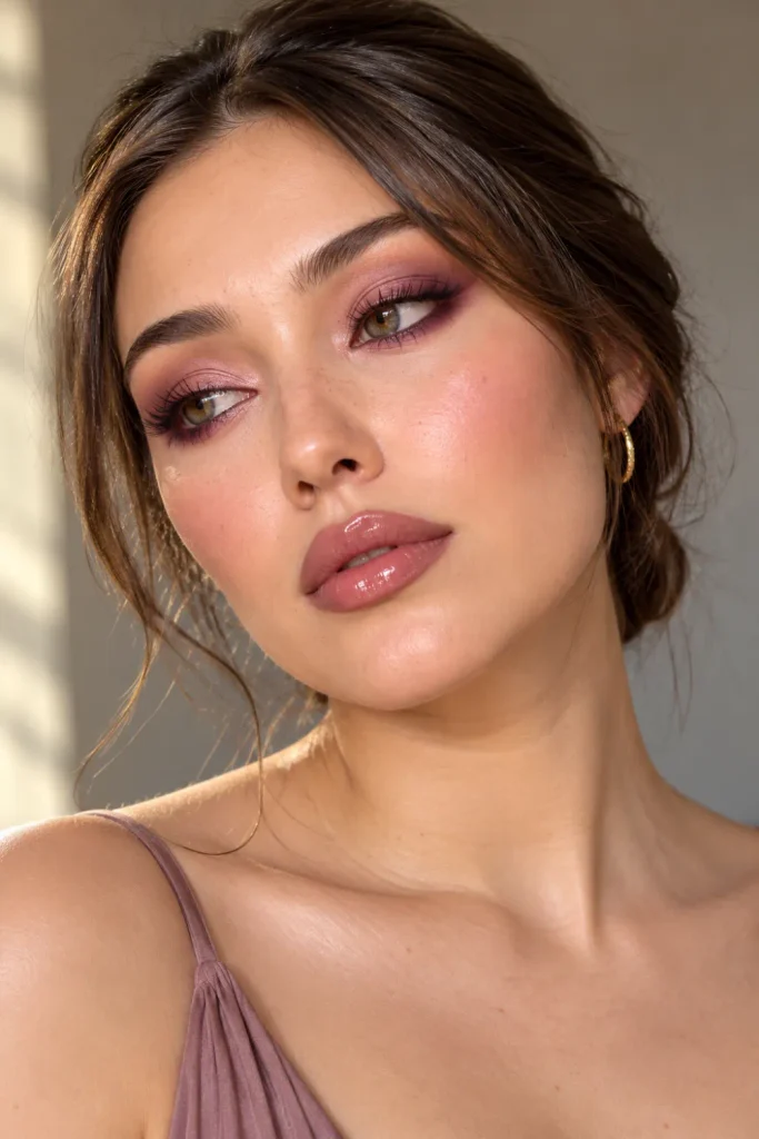 Mauve soft glam makeup featuring blended mauve eyeshadow, softly sculpted cheeks, subtle eyeliner, and glossy rose-pink lips for an elegant, feminine beauty look.