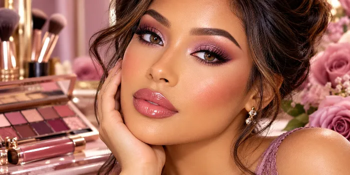 Close-up of mauve soft glam makeup featuring shimmering mauve eyeshadow, defined lashes, rosy blush, luminous skin, and glossy rose-pink lips for an elegant, romantic beauty look.