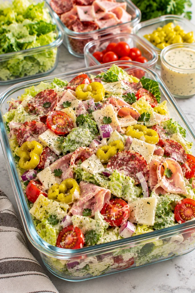 Meal-Prep Italian Grinder Chopped Salad for Weekly Lunches with crisp lettuce, salami, ham, provolone, cherry tomatoes, red onion, pepperoncini, and creamy Italian dressing.