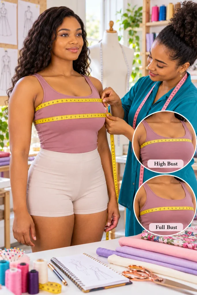 Sewing assistant measuring a woman's full bust with a flexible tape to demonstrate high bust and full bust measurements for sewing patterns.