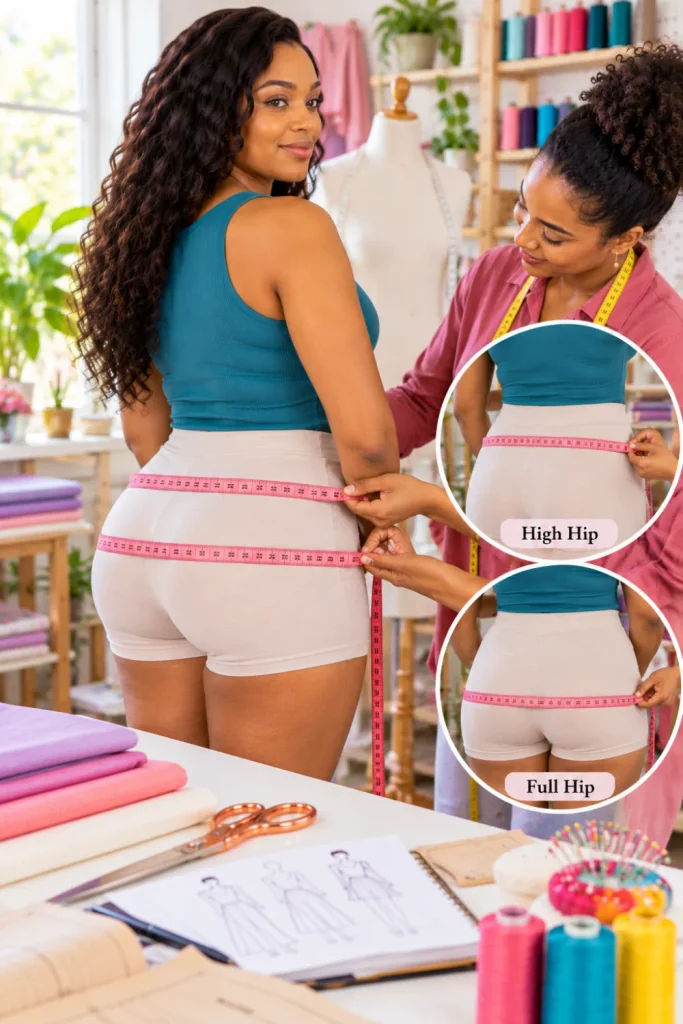 Sewing assistant measuring a woman's hips with a flexible tape to demonstrate high hip and full hip measurements for fitted skirts and trousers.