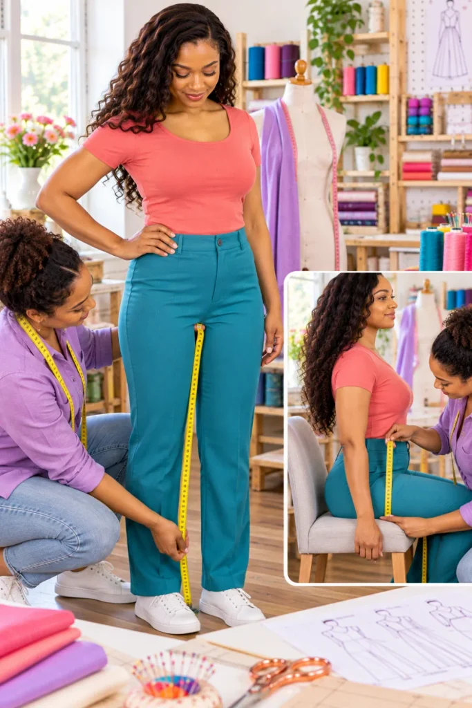 Sewing assistant measuring a woman's inseam and demonstrating crotch depth for comfortable, well-fitting handmade trousers and pants.