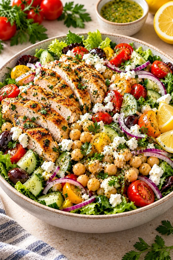 Mediterranean chicken chickpea salad with grilled chicken, chickpeas, cucumber, tomatoes, red onion, parsley, feta, mixed greens, and lemon-herb dressing.