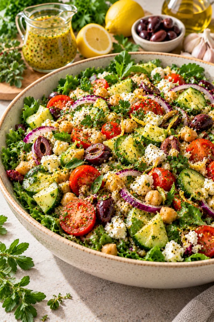 Mediterranean salad with cucumber, cherry tomatoes, chickpeas, olives, feta, mixed greens, quinoa, red onion, parsley, oregano, and lemon herb vinaigrette.