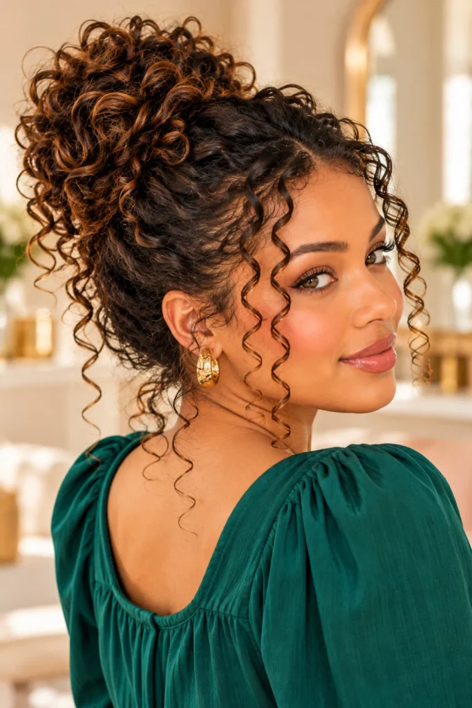 Easy messy curly bun with voluminous natural curls, soft face-framing tendrils, and a relaxed, stylish finish for everyday wear.