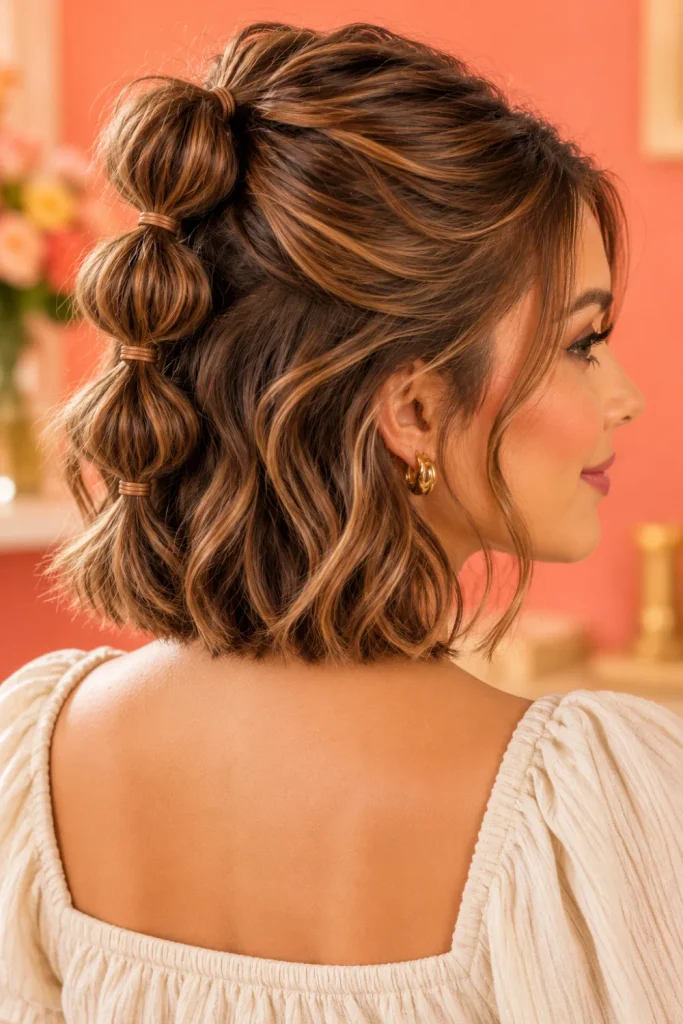 Messy wavy half-up bubble braids on a short brunette bob with soft waves, relaxed rounded bubbles, and romantic face-framing strands.