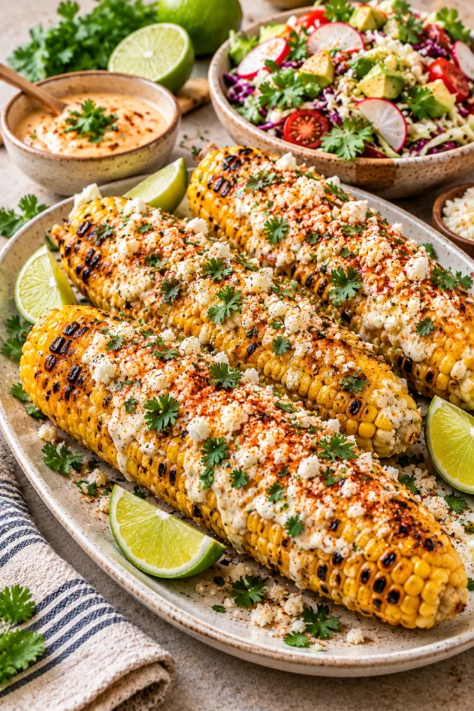 Grilled Mexican elote street corn topped with creamy sauce, cotija-style cheese, chile seasoning, lime, and cilantro in a modern colorful serving setup.