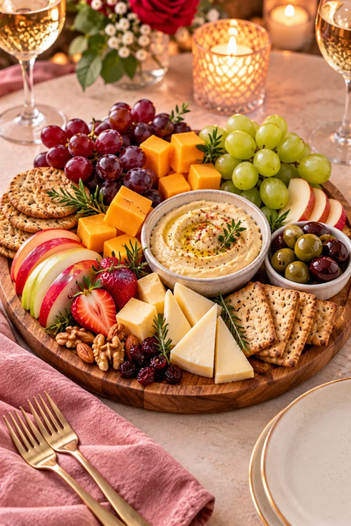 Mini romantic charcuterie board ideas for date night with cheddar, grapes, sliced apples, olives, crisp crackers, and a creamy hummus dip on a small serving tray.