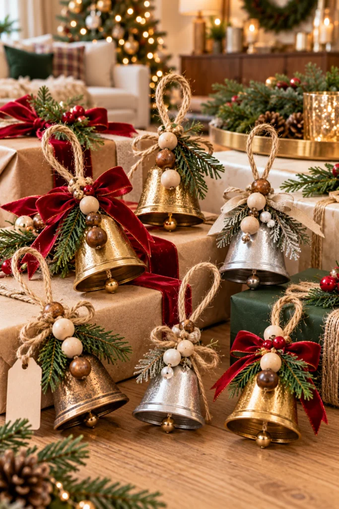 Mini DIY Christmas bell ornaments made with natural twine, wooden beads, small gold bells, and gift tags styled with elegant kraft-paper Christmas presents.