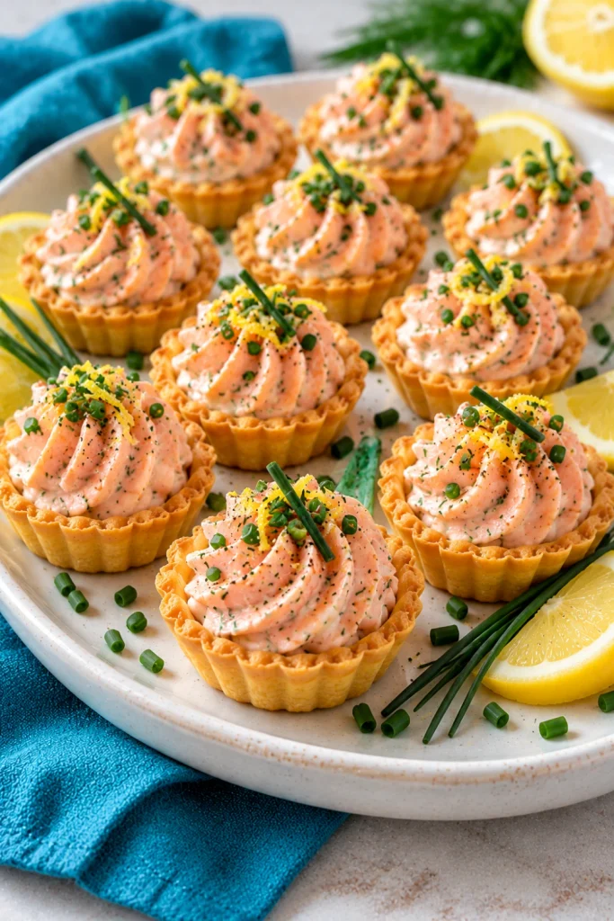 Mini salmon mousse tartlets with cream cheese, piped pink salmon filling, fresh chives, and golden pastry shells, perfect for elegant seafood party appetizers and holiday entertaining.
