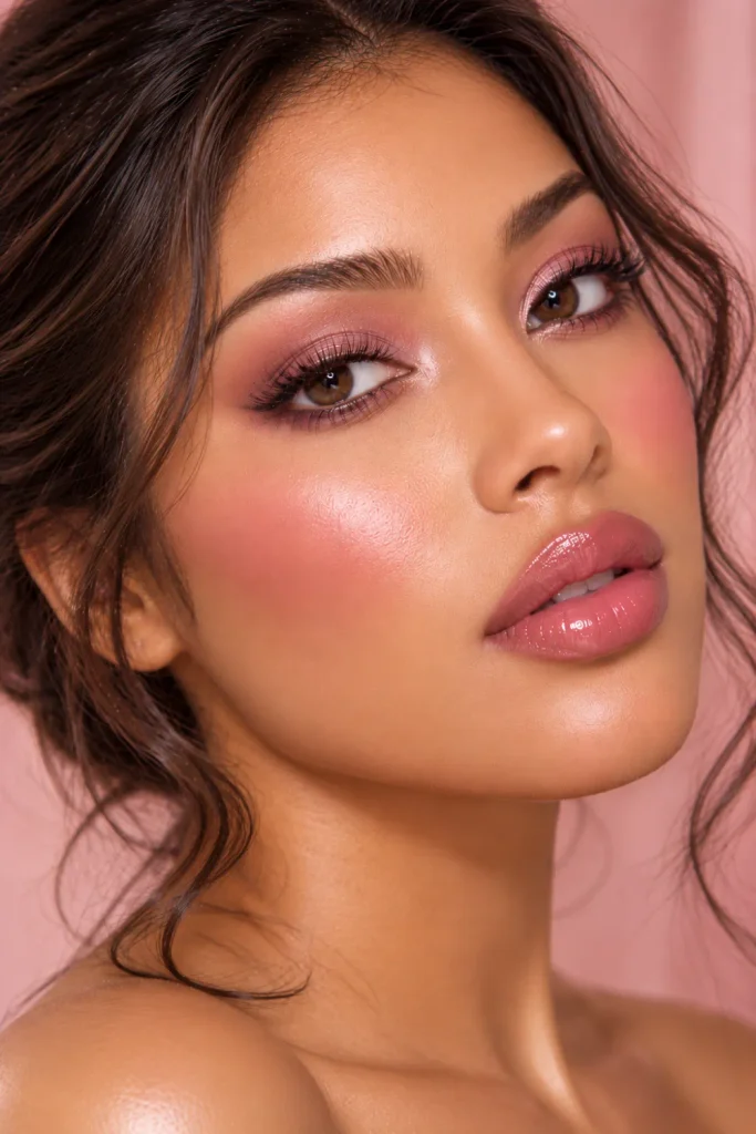 Minimalist clean-girl mauve makeup featuring sheer mauve eyeshadow, brushed-up natural brows, soft lashes, fresh rosy cheeks, luminous skin, and lightweight rose lip gloss.