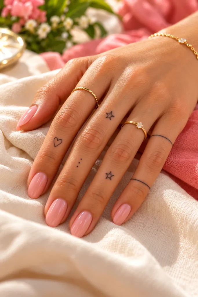 Minimalist finger tattoo ideas featuring a tiny heart, small star, delicate dot design, and fine-line ring tattoo on an adult woman's hand with glossy blush-pink nails and gold jewelry.