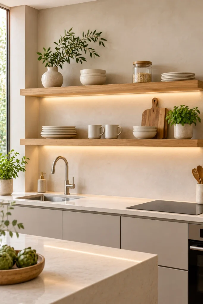 Minimalist floating kitchen shelf ideas with slim pale oak shelves, simple white ceramics, concealed mounting, neutral cabinetry, and clean contemporary styling.