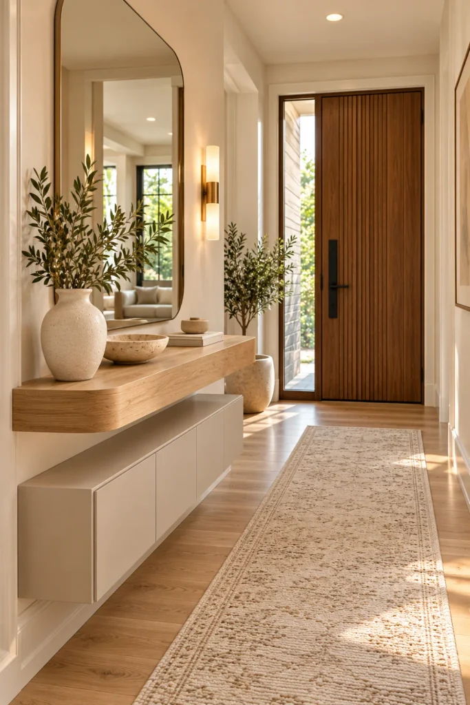 Minimalist modern entryway ideas featuring a floating light oak console, oversized frameless mirror, cream walls, concealed shoe storage, sculptural ceramic decor, and a clean, clutter-free contemporary foyer.