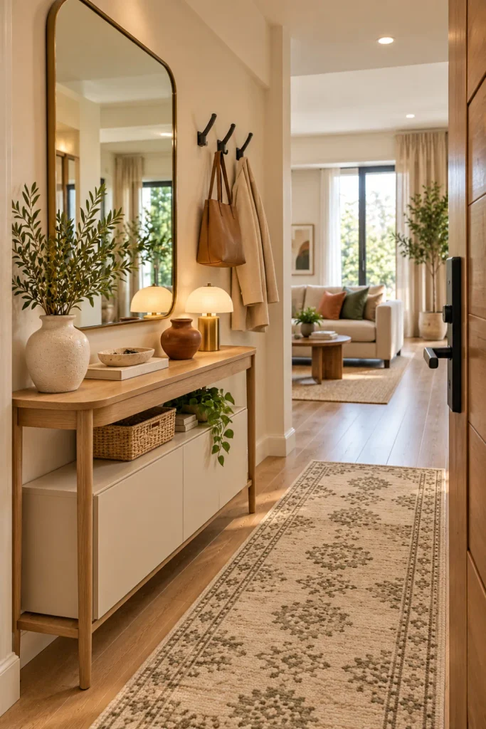 Modern apartment entryway ideas featuring a narrow freestanding oak console, removable wall hooks, an oversized rounded mirror, compact shoe storage, a washable runner, and stylish renter-friendly decor.
