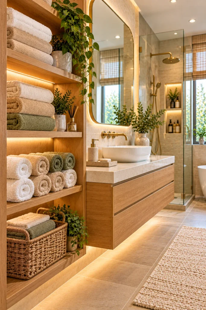 Modern bathroom towel storage with warm oak shelving, neatly folded ivory and beige towels, neutral decor, a floating vanity, an elegant backlit mirror, and contemporary luxury bathroom finishes.